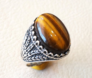 tiger eye semi precious natural stone men ring sterling silver 925 and bronze jewelry handmade arabic turkey ottoman style any size