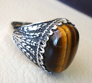 tiger eye semi precious natural stone men ring sterling silver 925 and bronze jewelry handmade arabic turkey ottoman style any size