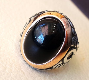 obsidian black aqeeq men ring natural stone sterling silver 925 vintage arabic turkish style all sizes on bronze fast shipping