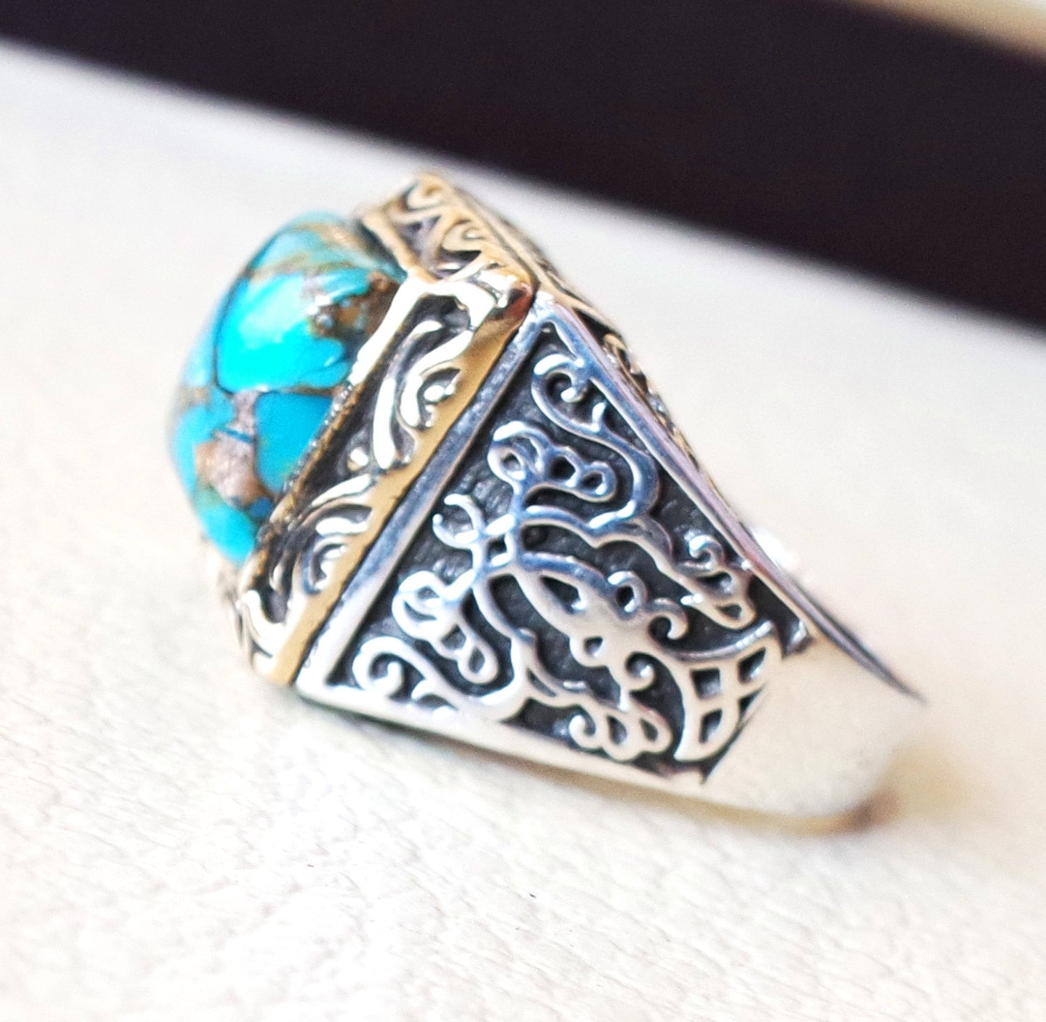 square natural copper turquoise high quality blue stone heavy sterling silver 925 man ring bronze frame any size ottoman style jewelry