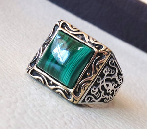 square natural malachite high quality green stone heavy sterling silver 925 man ring bronze frame any size ottoman style jewelry