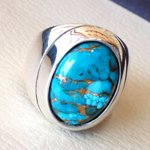 copper turquoise natural stone men heavy sterling silver 925 ring oval cabochon semi precious gem ottoman arabic style all sizes jewelry