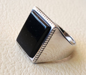 Rectangular silver onyx black aqeeq flat natural semi precious agate gemstone men ring sterling silver 925 jewelry all sizes fast shipping