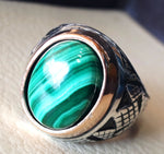 malachite natural green stone sterling silver 925 man ring jewelry bronze frame eastern turkish arabic style oval semi precious cabochon