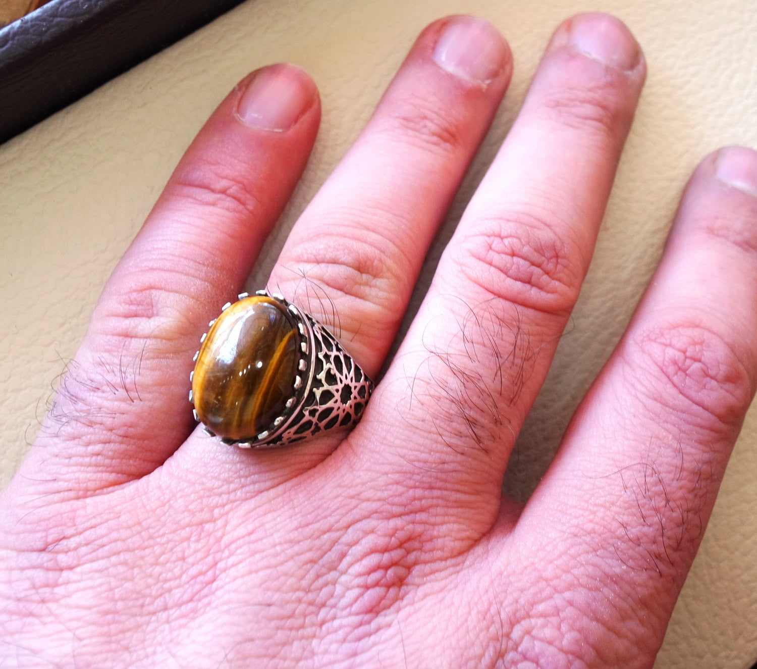 cat eye tiger eye semi precious natural cabochon stone men ring sterling silver 925 any size oriental ornament middle eastern arabic jewelry