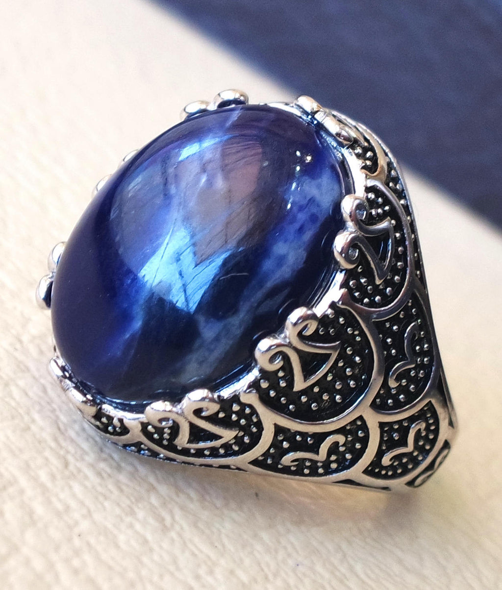 Sodalite natural stone dark royal blue men ring sterling silver 925 stunning genuine gem  ottoman arabic style jewelry all sizes