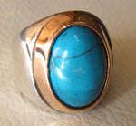 turquoise heavy sterling silver men ring blue oval arab ottoman middle eastern jewelry cabochon stone all sizes bronze frame