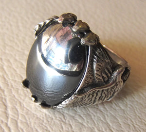 hematite natural stone sterling silver 925 man eagle ring 18 mm 13 mm grey mirror cabochon semi precious jewelry all sizes nice gift