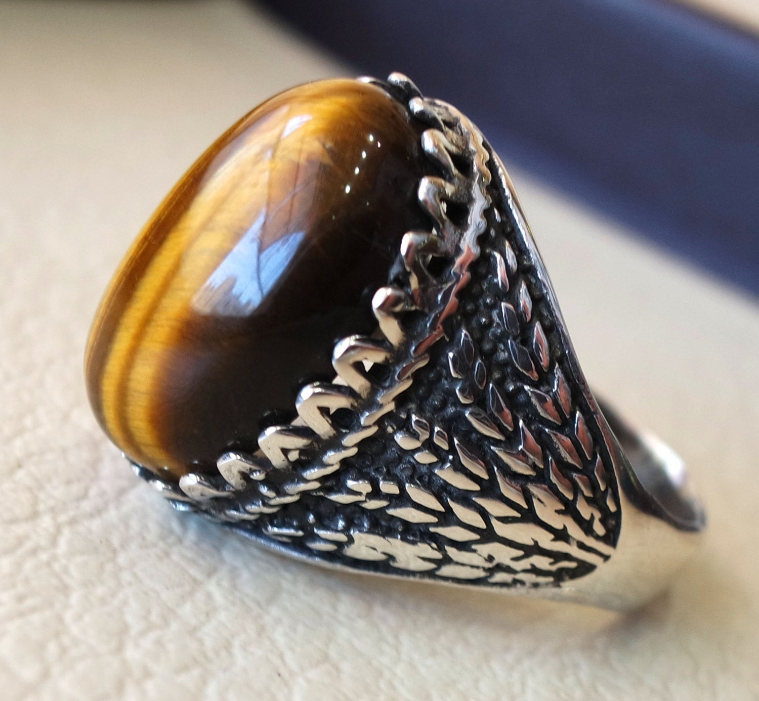 tiger eye semi precious natural stone men ring sterling silver 925 and bronze jewelry handmade arabic turkey ottoman style any size