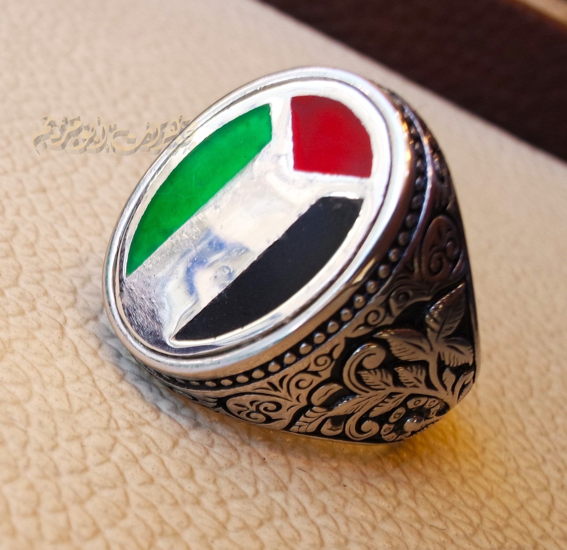 Palestine flag man ring 2 sterling silver and color enamel Arabic middle eastern turkey oriental antique style fast shipping all sizes