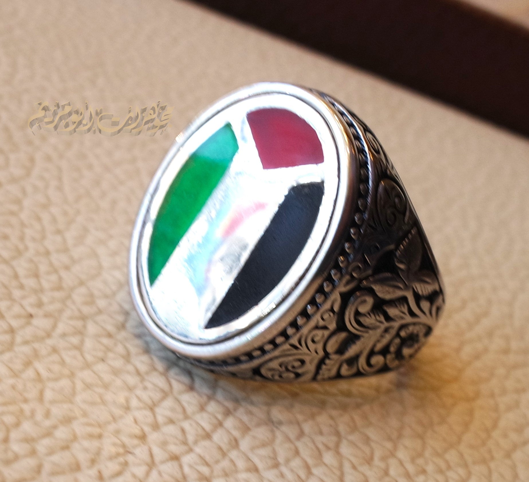 Palestine flag man ring 2 sterling silver and color enamel Arabic middle eastern turkey oriental antique style fast shipping all sizes