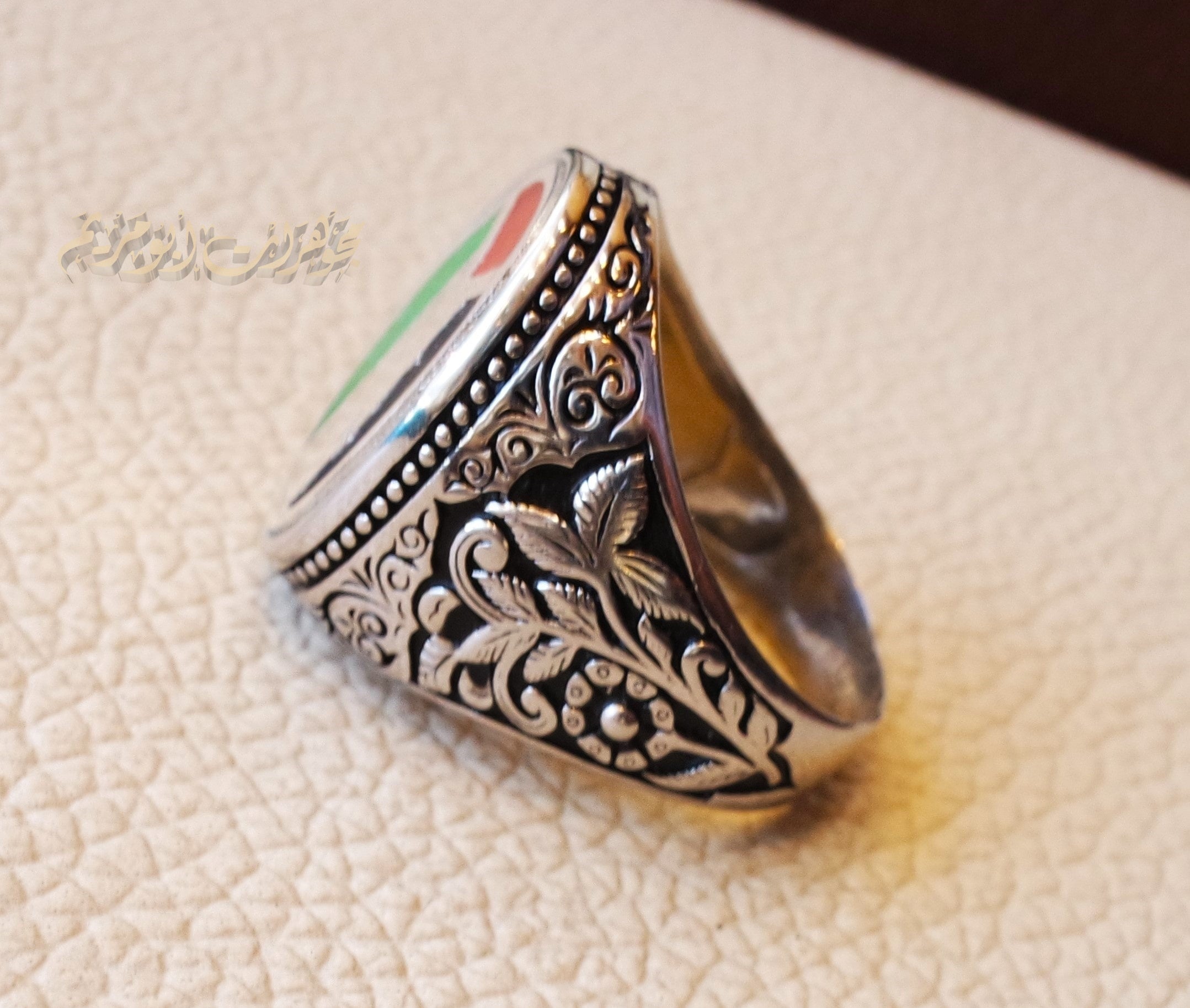 Palestine flag man ring 2 sterling silver and color enamel Arabic middle eastern turkey oriental antique style fast shipping all sizes