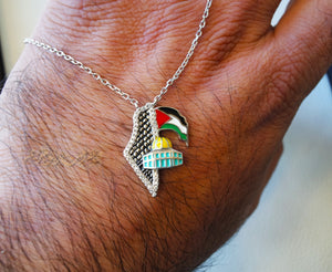 Palestine map Aqsa colorful enamel flag necklace 2 sterling silver 925 high quality jewelry koufyeh Arabic كوفيه خارطه فلسطين