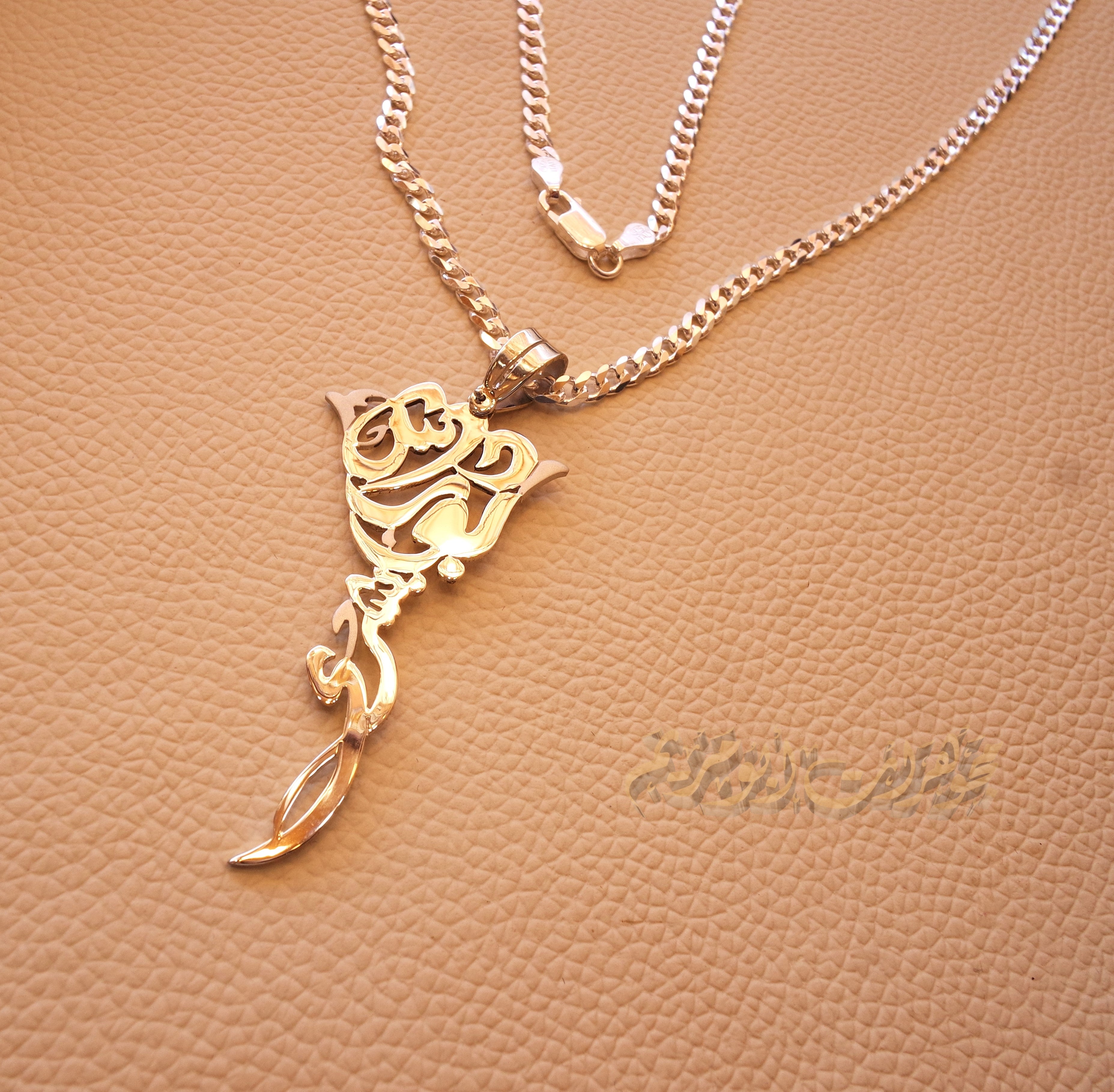 Rose flower Personalized pendant with thick chain 2 names Arabic customized silver 925 high quality polishing big size تعليقه اسماء عربي