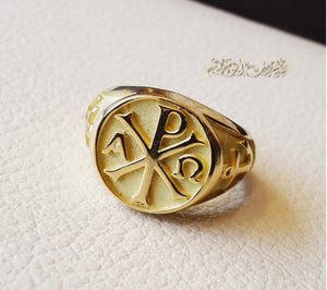 Chi Rho anchor cross Christ Christian symbol 10 k gold heavy man ring made to order fine jewelry full insured shipping and nice box and packaging
