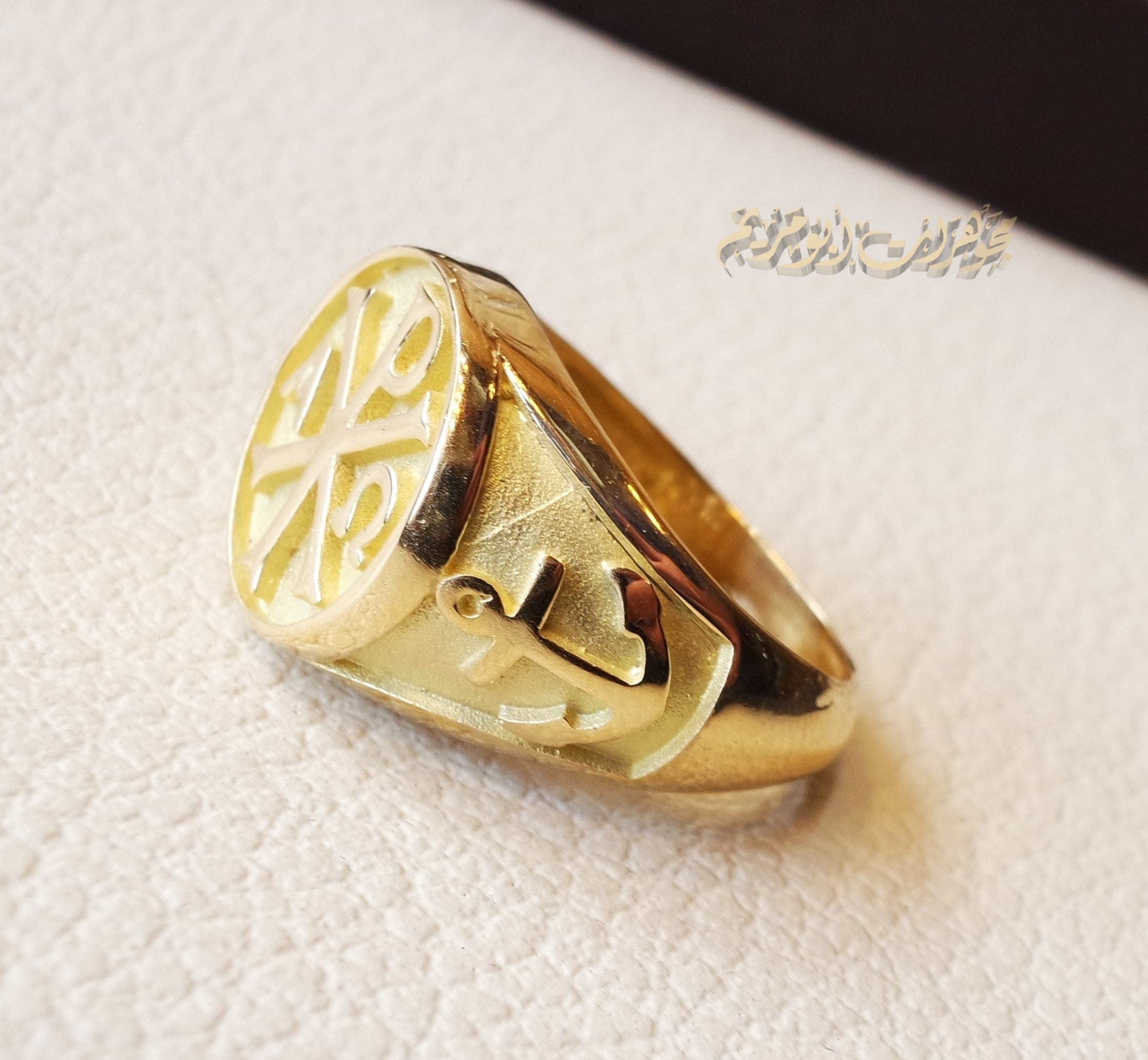 Chi Rho anchor cross Christ Christian symbol 10 k gold heavy man ring made to order fine jewelry full insured shipping and nice box and packaging