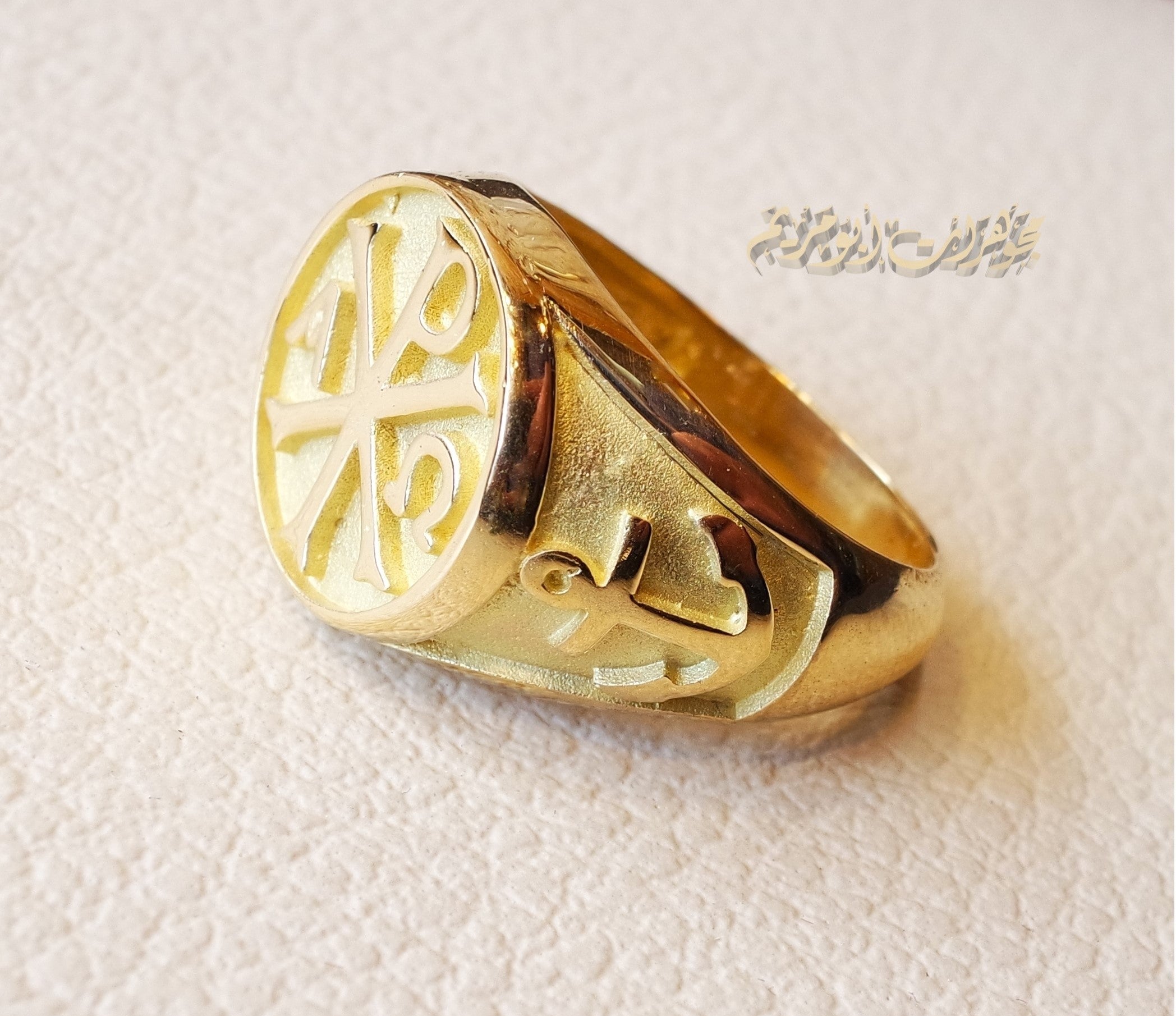 Chi Rho anchor cross Christ Christian symbol 10 k gold heavy man ring made to order fine jewelry full insured shipping and nice box and packaging