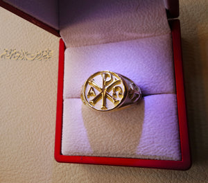 Chi Rho anchor cross Christ Christian symbol 10 k gold heavy man ring made to order fine jewelry full insured shipping and nice box and packaging