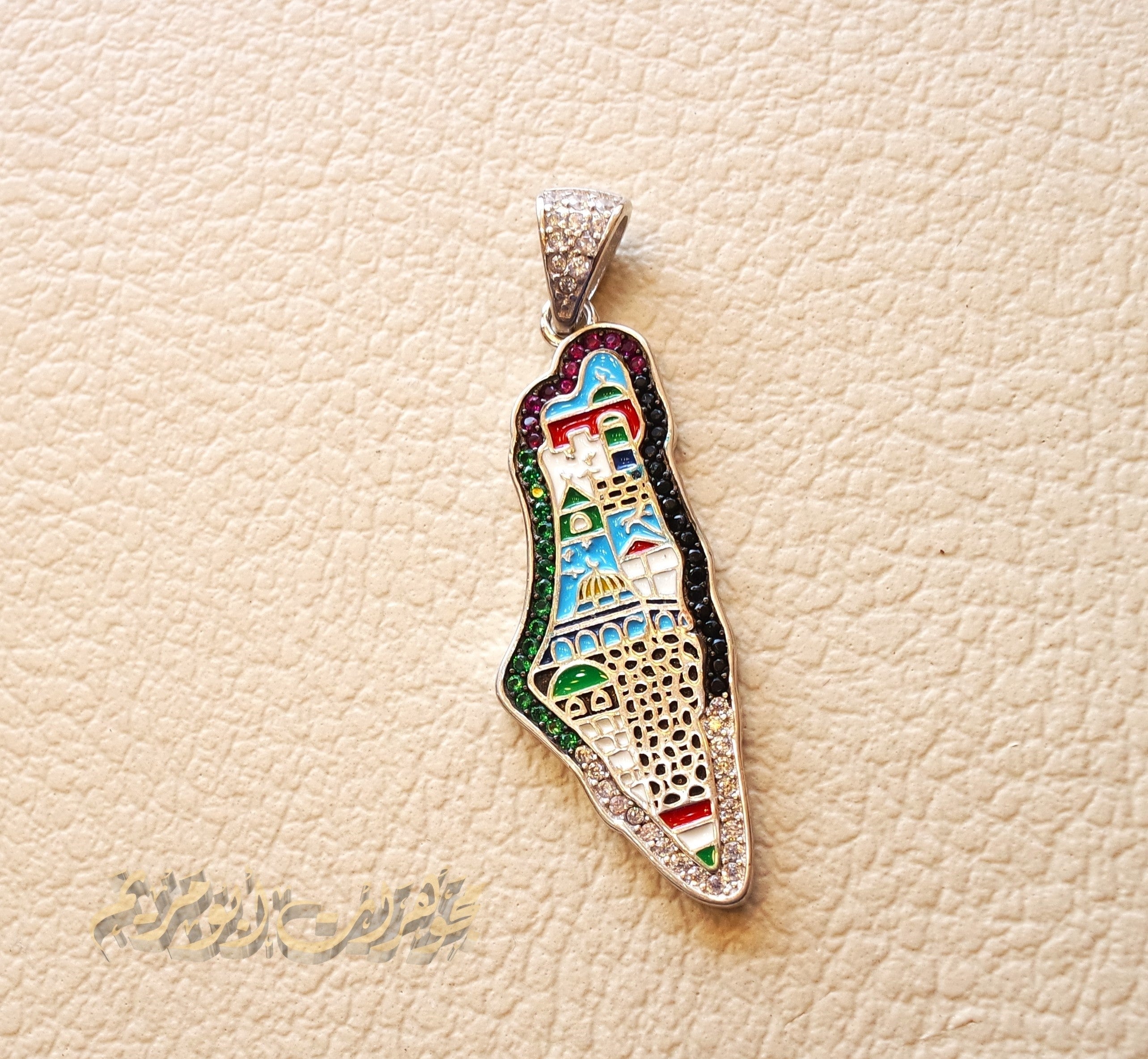 Palestine map Aqsa colorful enamel Palestinian flag colors cubic zirconia necklace sterling silver 925 high quality jewelry Arabic خارطه فلسطين