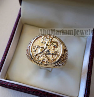 St George's and the dragon heavy man ring round 10K gold historical religious Greek Orthodox Christian all sizes fine jewelry