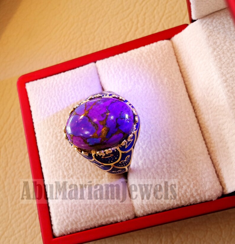 10k yellow gold men ring blue enamel copper purple turquoise natural stone all sizes Ottoman signet style fine jewelry fast shipping