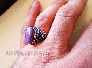10k yellow gold men ring blue enamel copper purple turquoise natural stone all sizes Ottoman signet style fine jewelry fast shipping