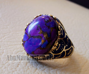 10k yellow gold men ring blue enamel copper purple turquoise natural stone all sizes Ottoman signet style fine jewelry fast shipping