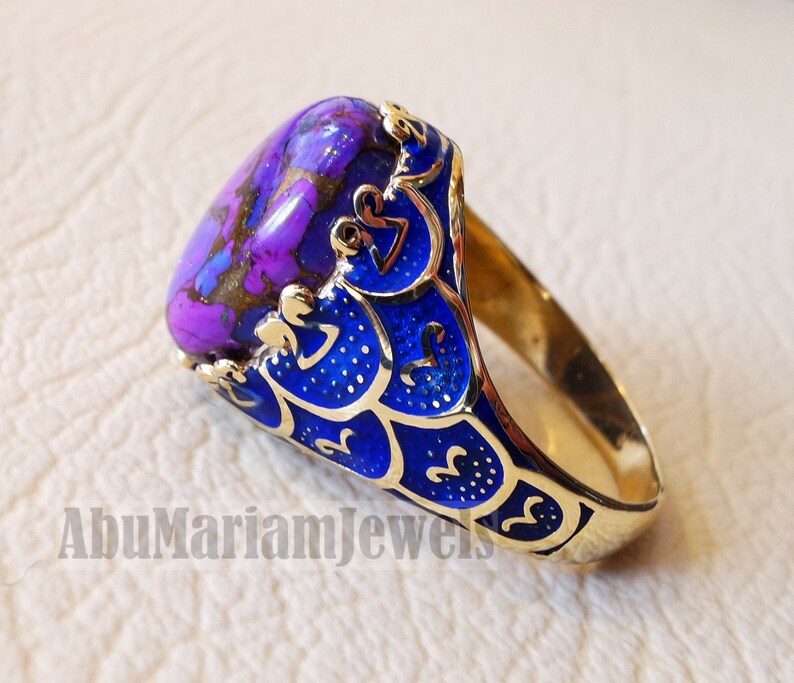 10k yellow gold men ring blue enamel copper purple turquoise natural stone all sizes Ottoman signet style fine jewelry fast shipping