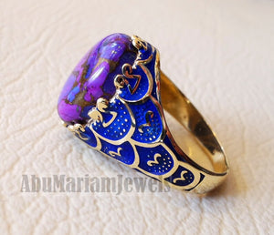 10k yellow gold men ring blue enamel copper purple turquoise natural stone all sizes Ottoman signet style fine jewelry fast shipping
