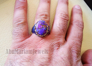 10k yellow gold men ring blue enamel copper purple turquoise natural stone all sizes Ottoman signet style fine jewelry fast shipping