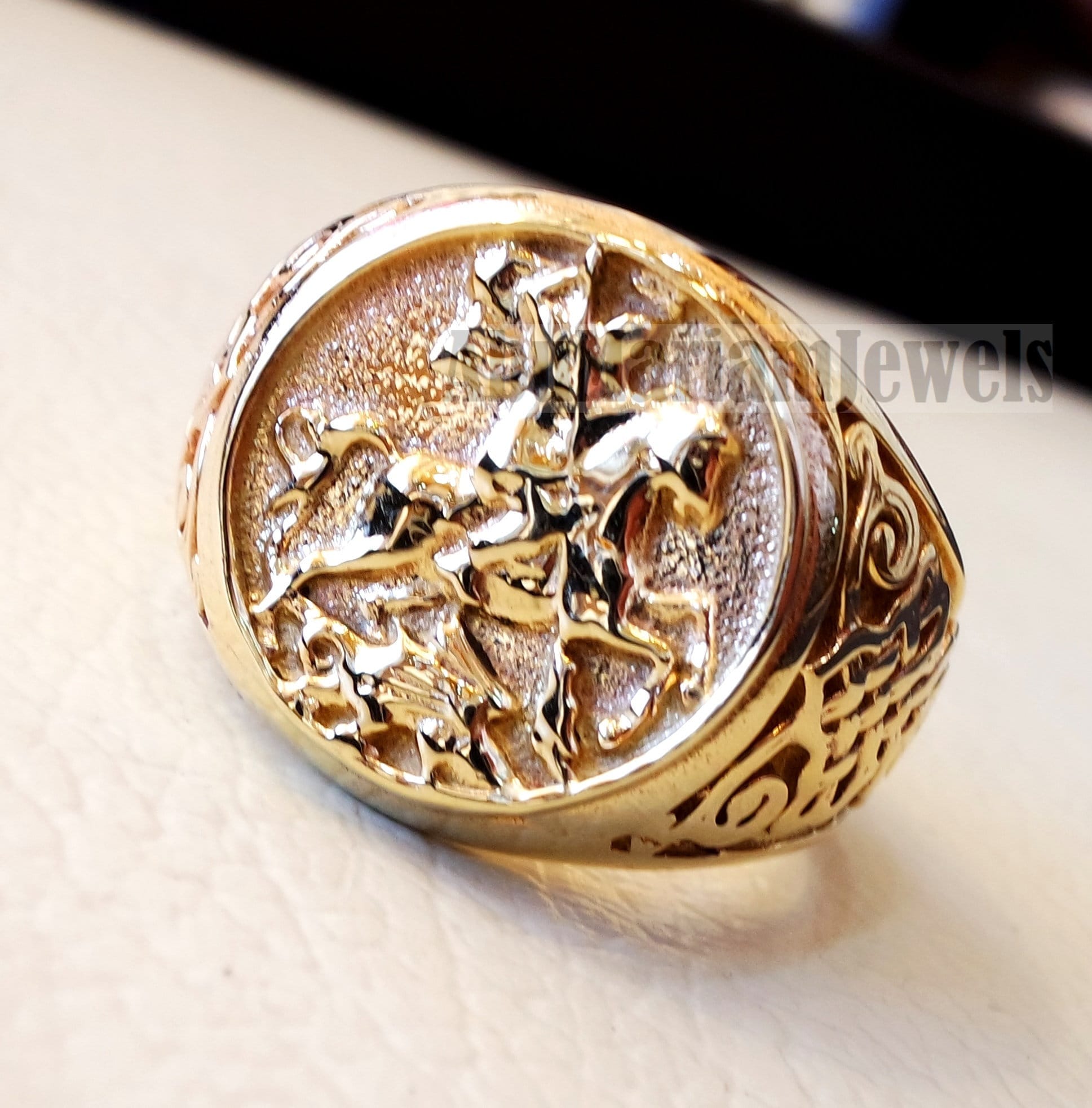 St George's and the dragon heavy man ring round 10K gold historical religious Greek Orthodox Christian all sizes fine jewelry