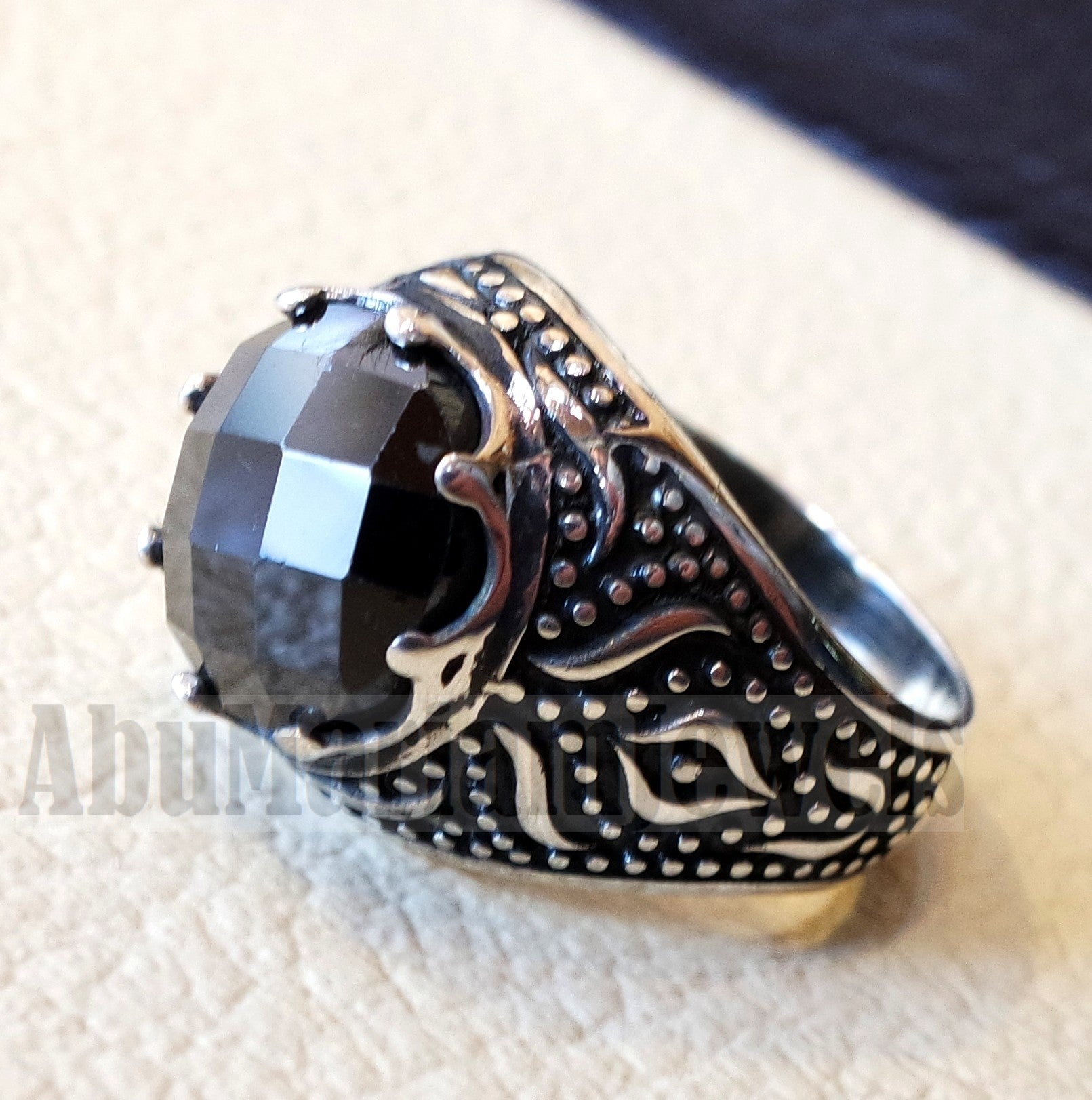 onyx round man ring sterling silver 925 black faceted stone cabochon all sizes middle eastern Arabic Turkish antique style jewelry