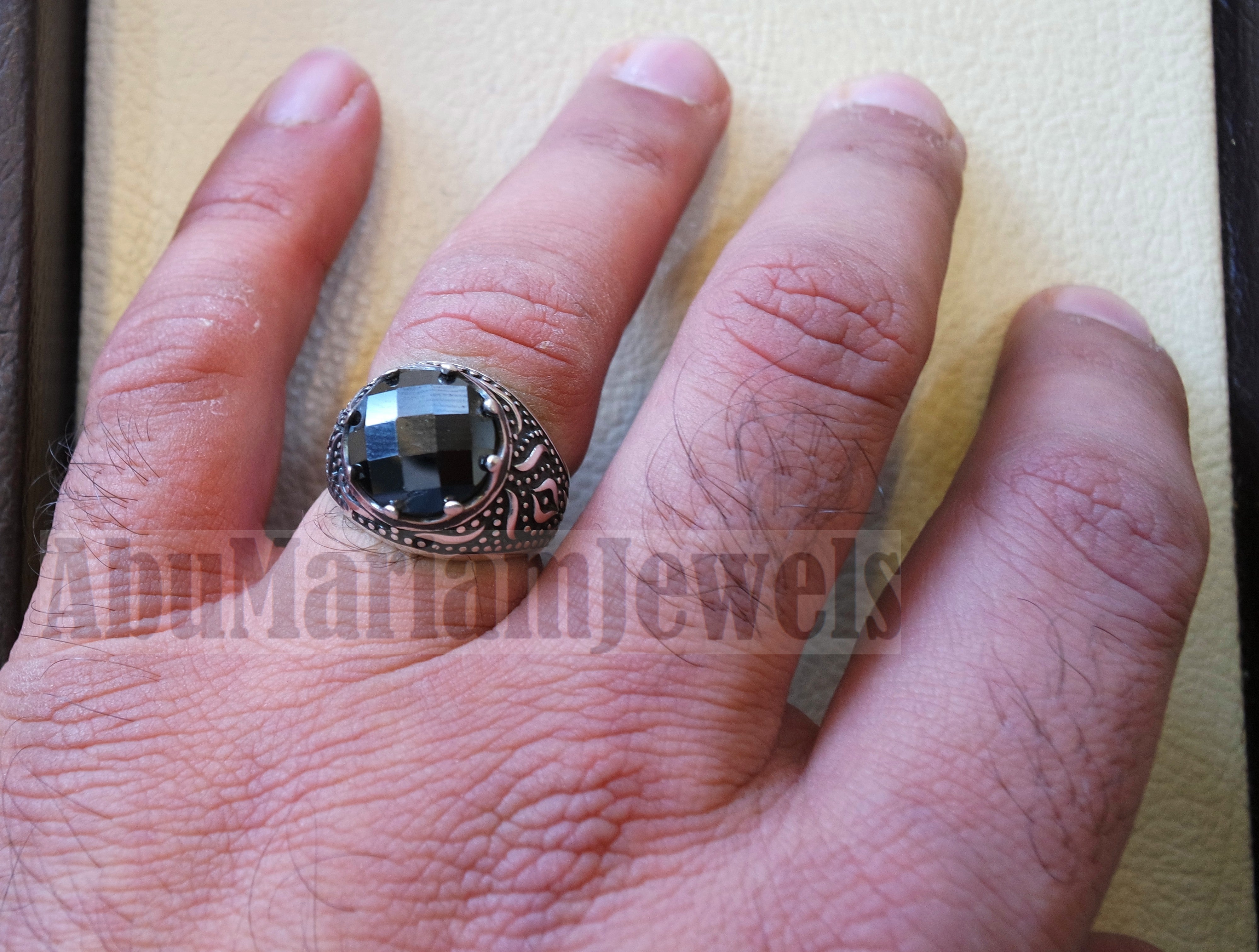 onyx round man ring sterling silver 925 black faceted stone cabochon all sizes middle eastern Arabic Turkish antique style jewelry
