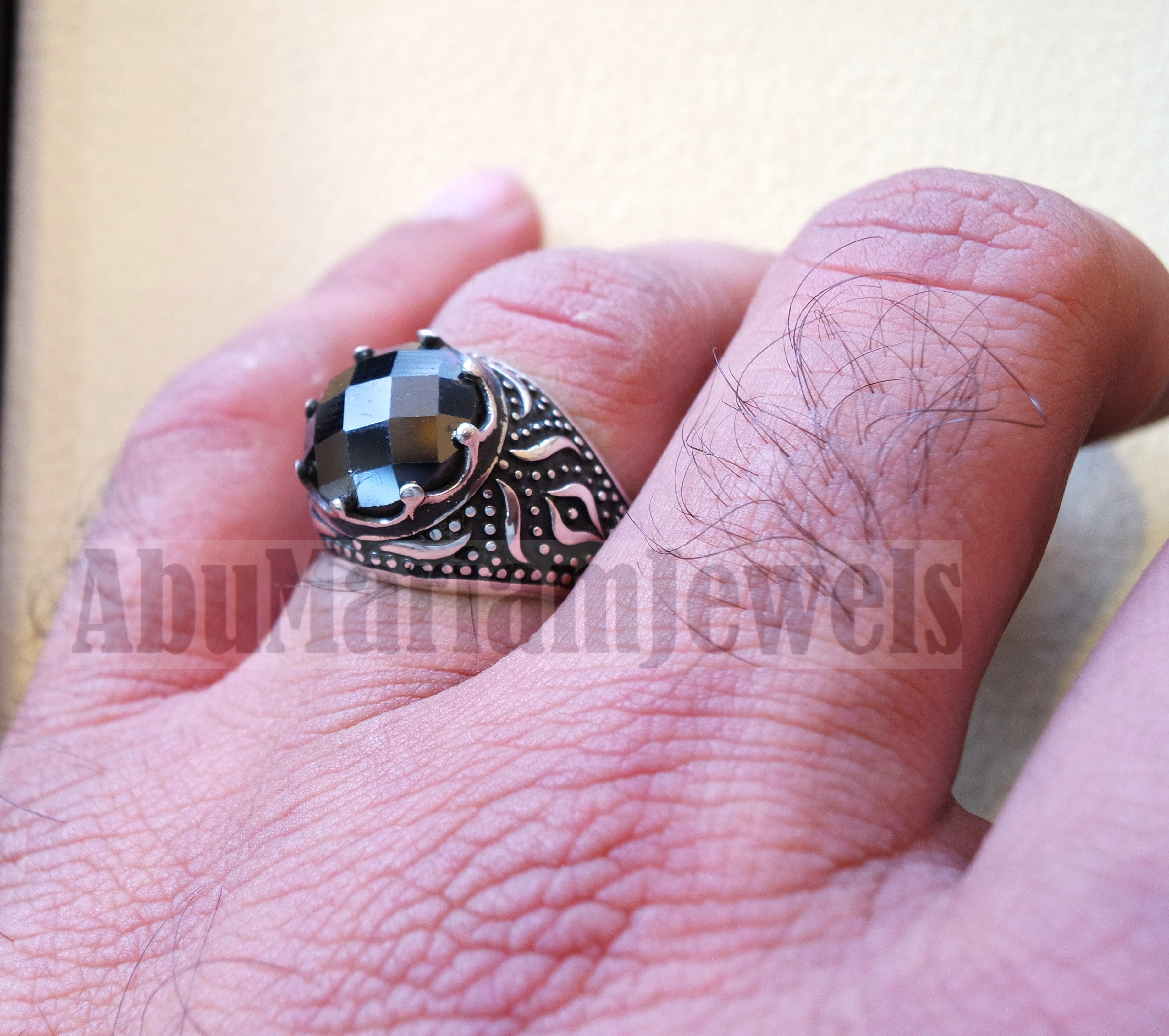 onyx round man ring sterling silver 925 black faceted stone cabochon all sizes middle eastern Arabic Turkish antique style jewelry