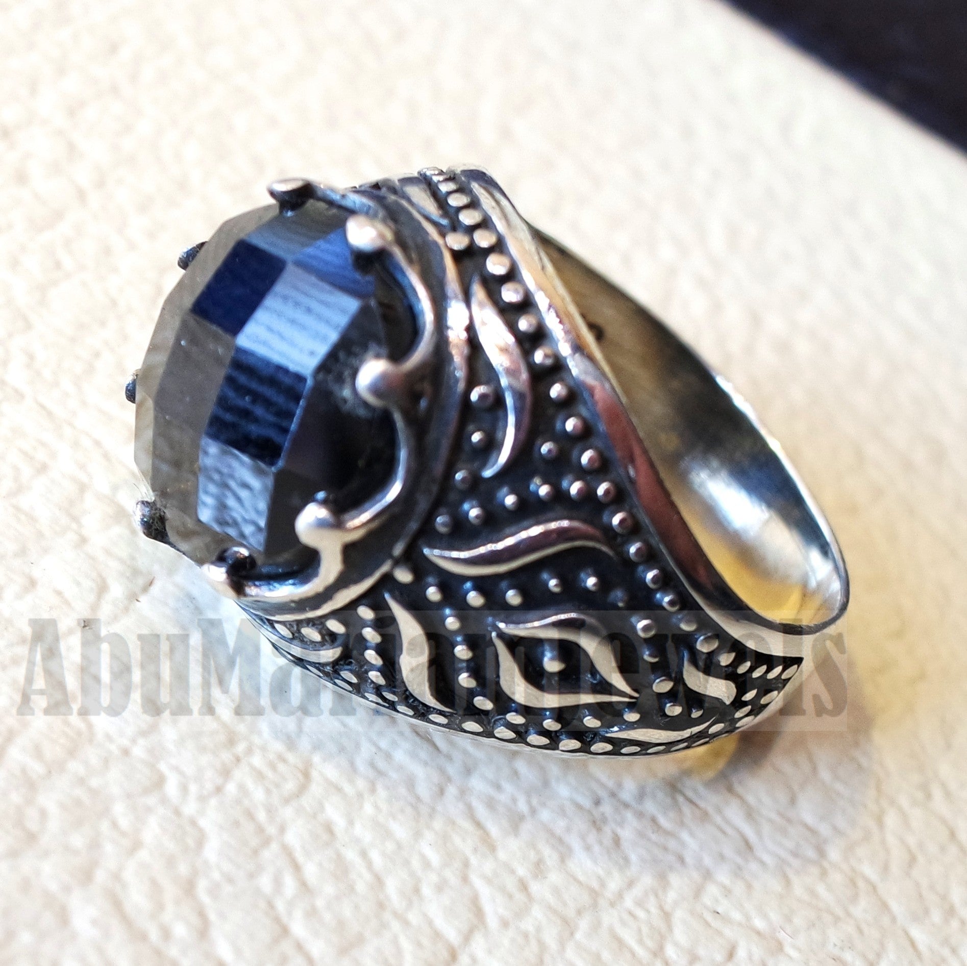 onyx round man ring sterling silver 925 black faceted stone cabochon all sizes middle eastern Arabic Turkish antique style jewelry