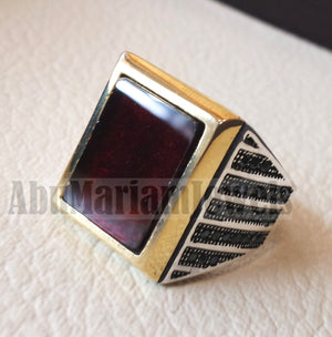 Men ring rectangular silver aqeeq flat natural semi precious agate carnelian gemstone  sterling silver 925 and bronze jewelry all sizes fast shipping black cubic zircon on sides