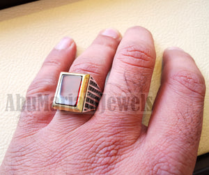 Men ring rectangular silver aqeeq flat natural semi precious agate carnelian gemstone  sterling silver 925 and bronze jewelry all sizes fast shipping black cubic zircon on sides