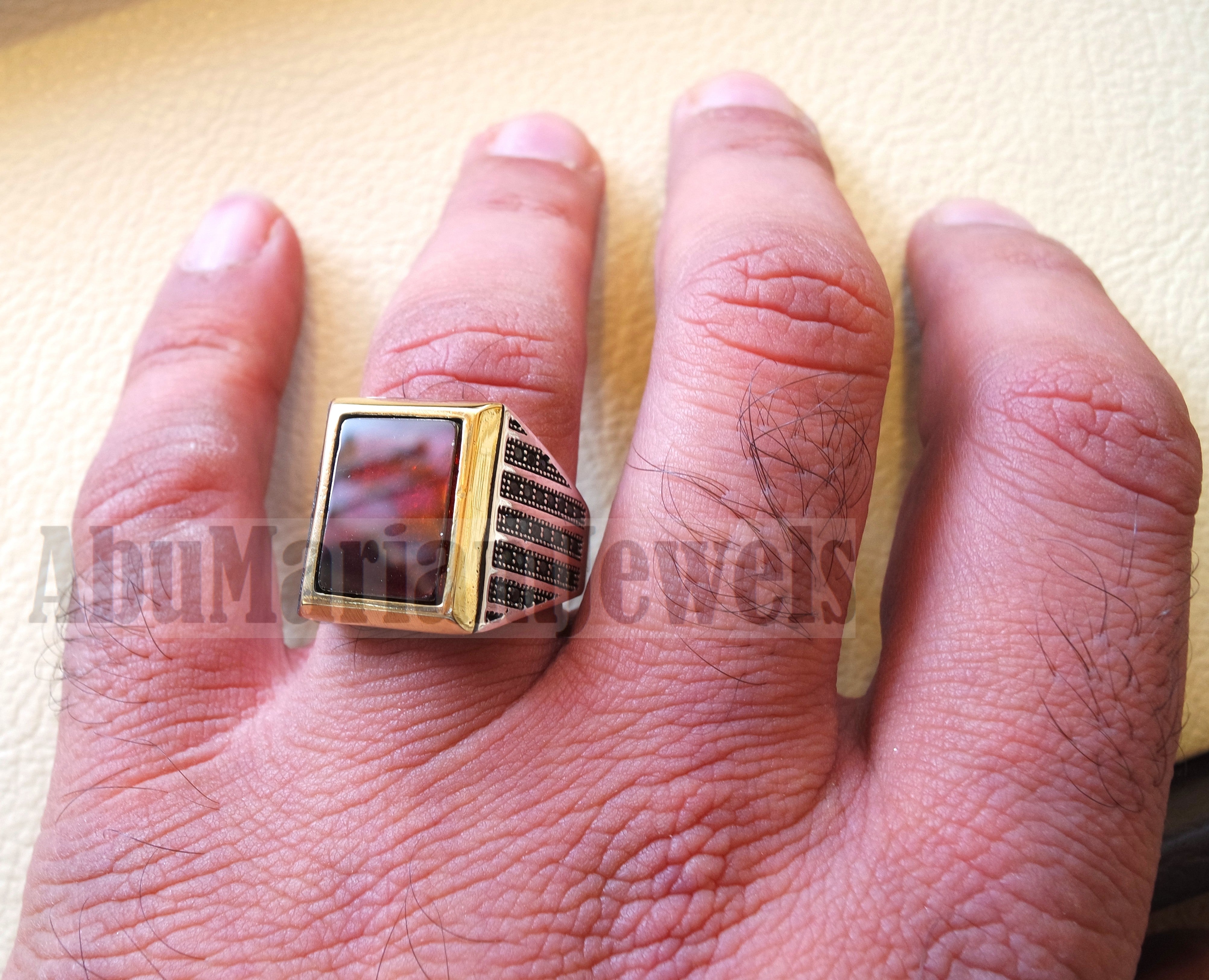 Men ring rectangular silver aqeeq flat natural semi precious agate carnelian gemstone  sterling silver 925 and bronze jewelry all sizes fast shipping black cubic zircon on sides