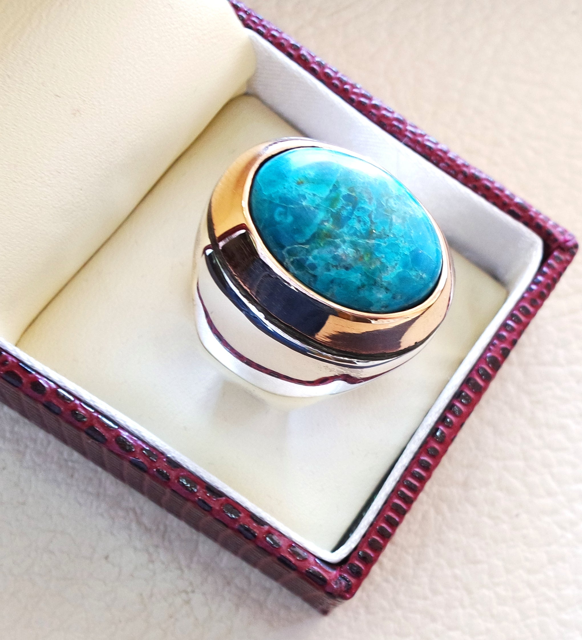 man Ring chryscolla Naturstein Sterling Silber 925 und Bronze Oval Cabochon Semi Precious Blue gem Ottoman arabische Stil alle Größen Schmuck