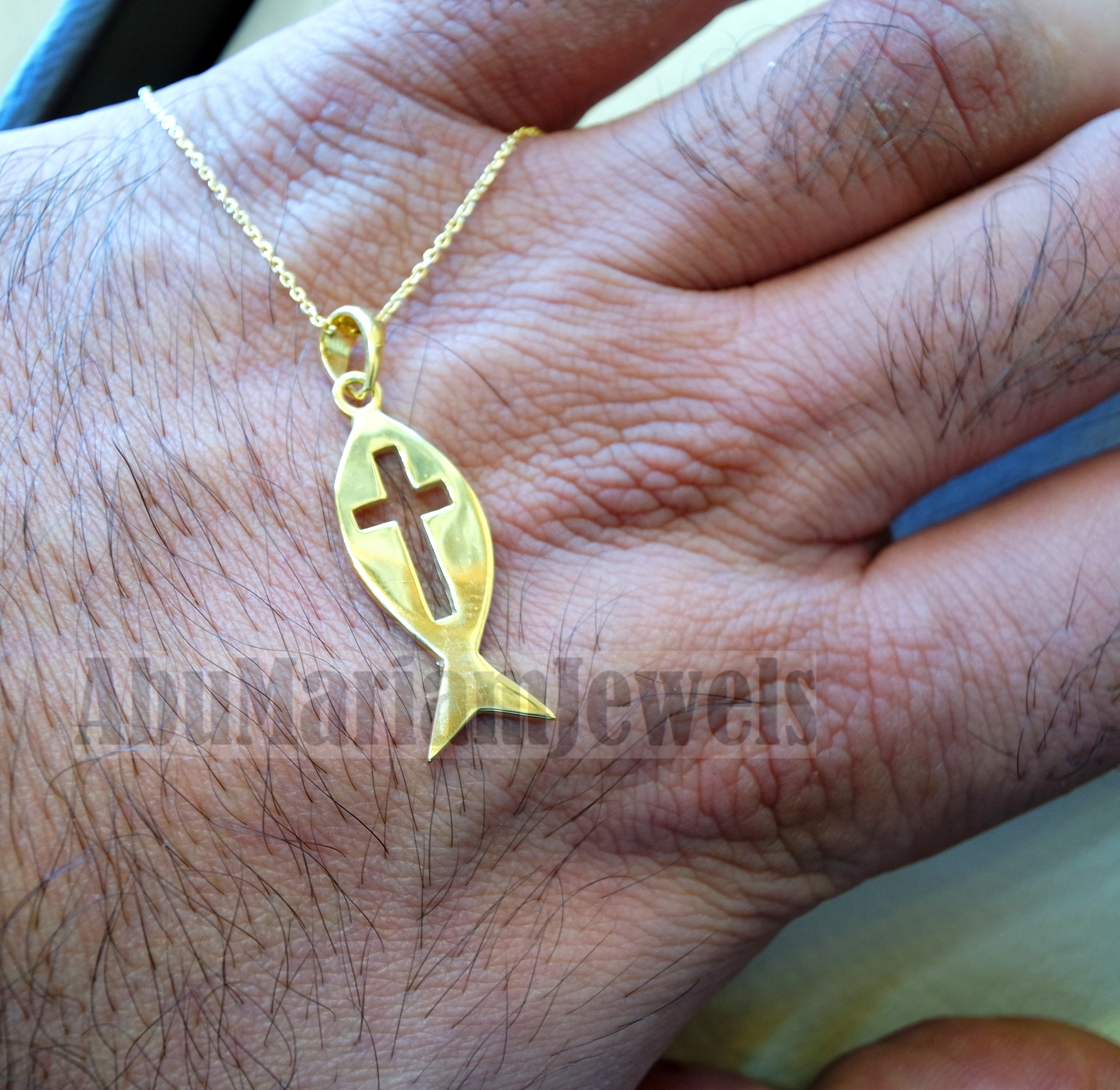 18K gold Icthys jesus pendant with chain 18K gold jewelry christianity fish bible and cross biblical necklace handmade express shipping