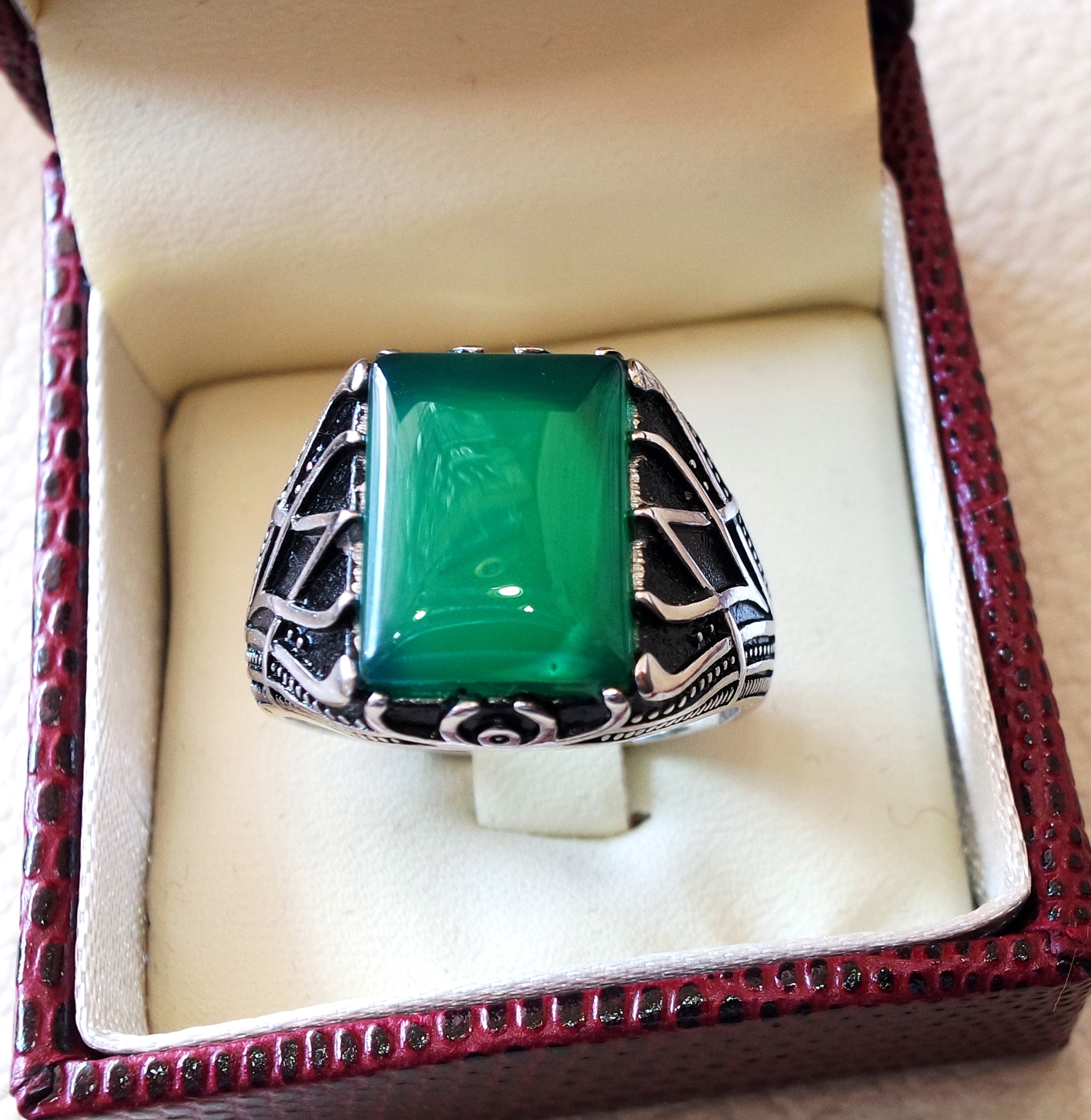 Ottomane grün Onyx Achat Aqeeq Sterling Silber 925 Antique Männer Ring Arabisch Schmuck jede Größe Schnellversand Naturrecht eckiger Stein