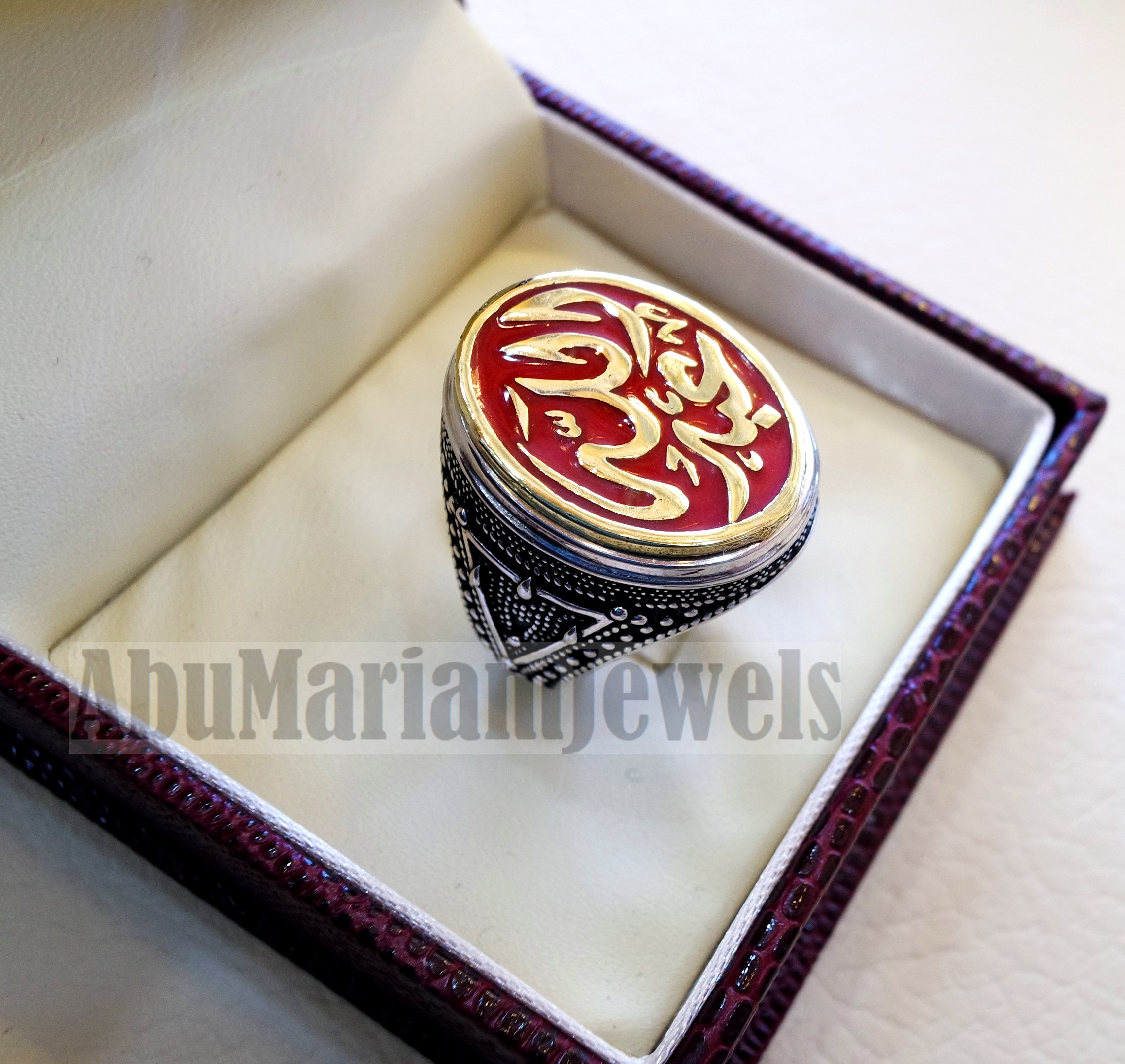 Customized Arabic calligraphy names ring personalized sterling silver 925 and bronze with red enamel TSE1001 خاتم اسم تفصيل