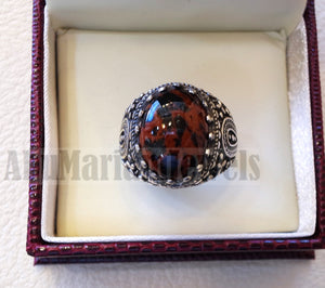 mahagony obsidian man ring stone natural gem sterling silver 925 ring brown and black oval semi precious cabochon jewelry protective stone