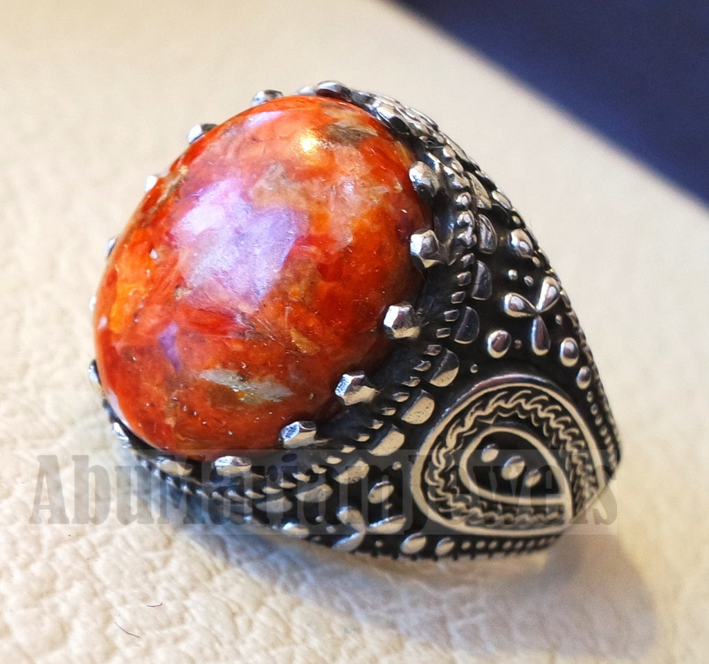 Sponge coral Murjan moonga men ring orange brown red natural stone sterling silver 925 vintage turkish style all sizes fast shipping مرجان