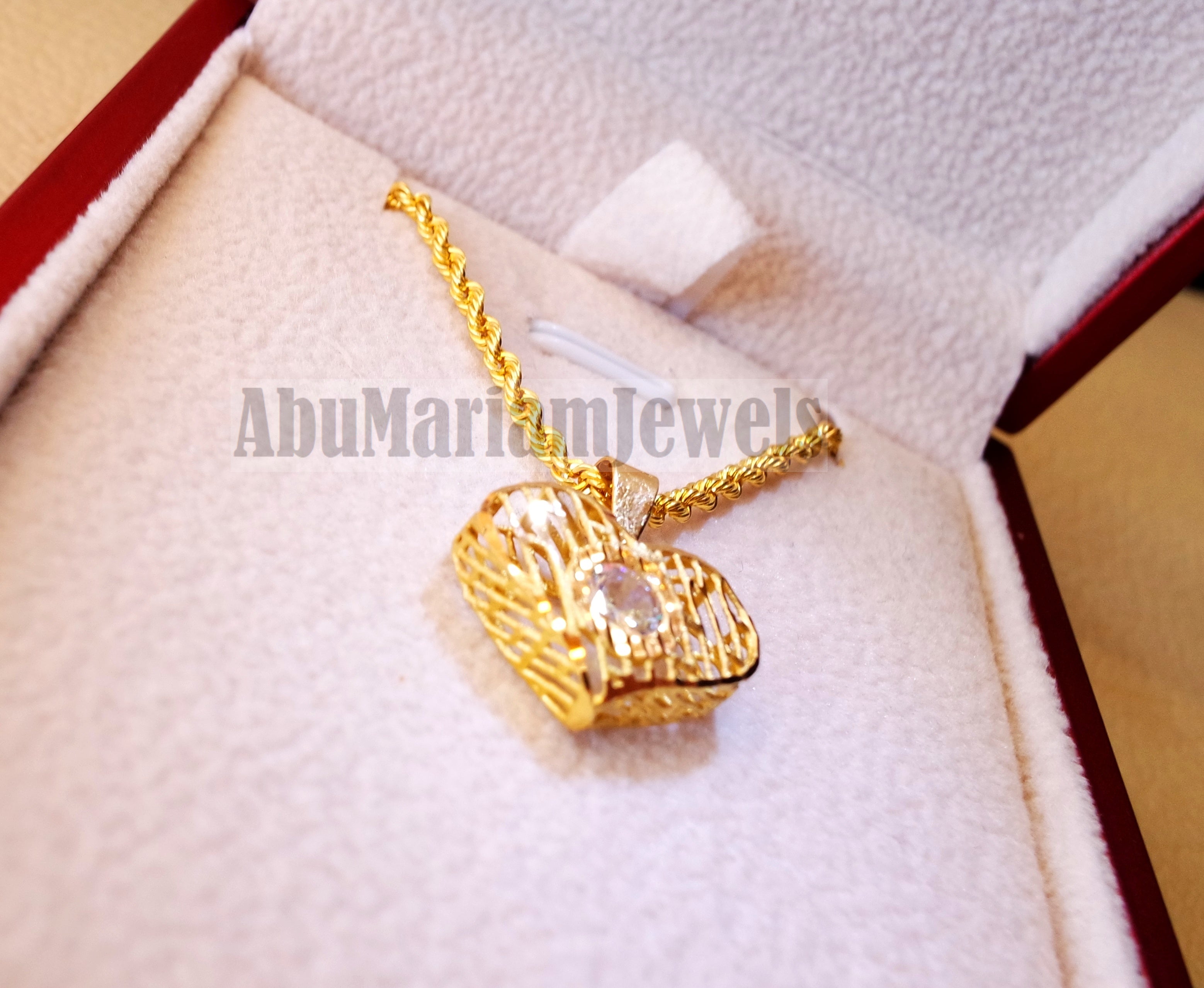 21K gold 3d heart pendant with rope chain gold jewelry with cubic Zirconia stone 16 and 20 inches fast shipping with gift box