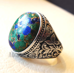 man ring copper Azurite natural stone sterling silver 925 oval cabochon semi precious gem style all sizes jewelry