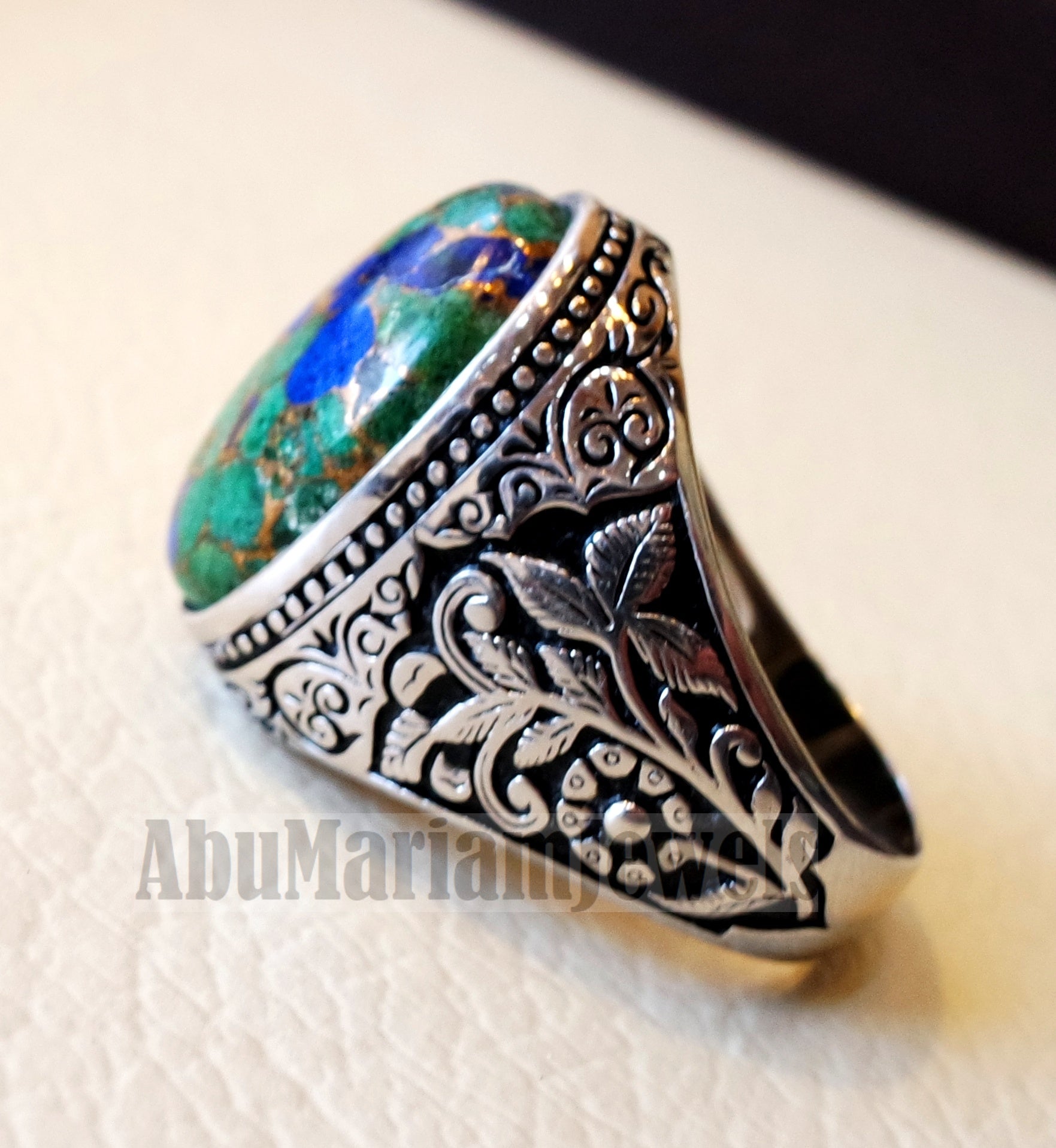 man ring copper Azurite natural stone sterling silver 925 oval cabochon semi precious gem style all sizes jewelry