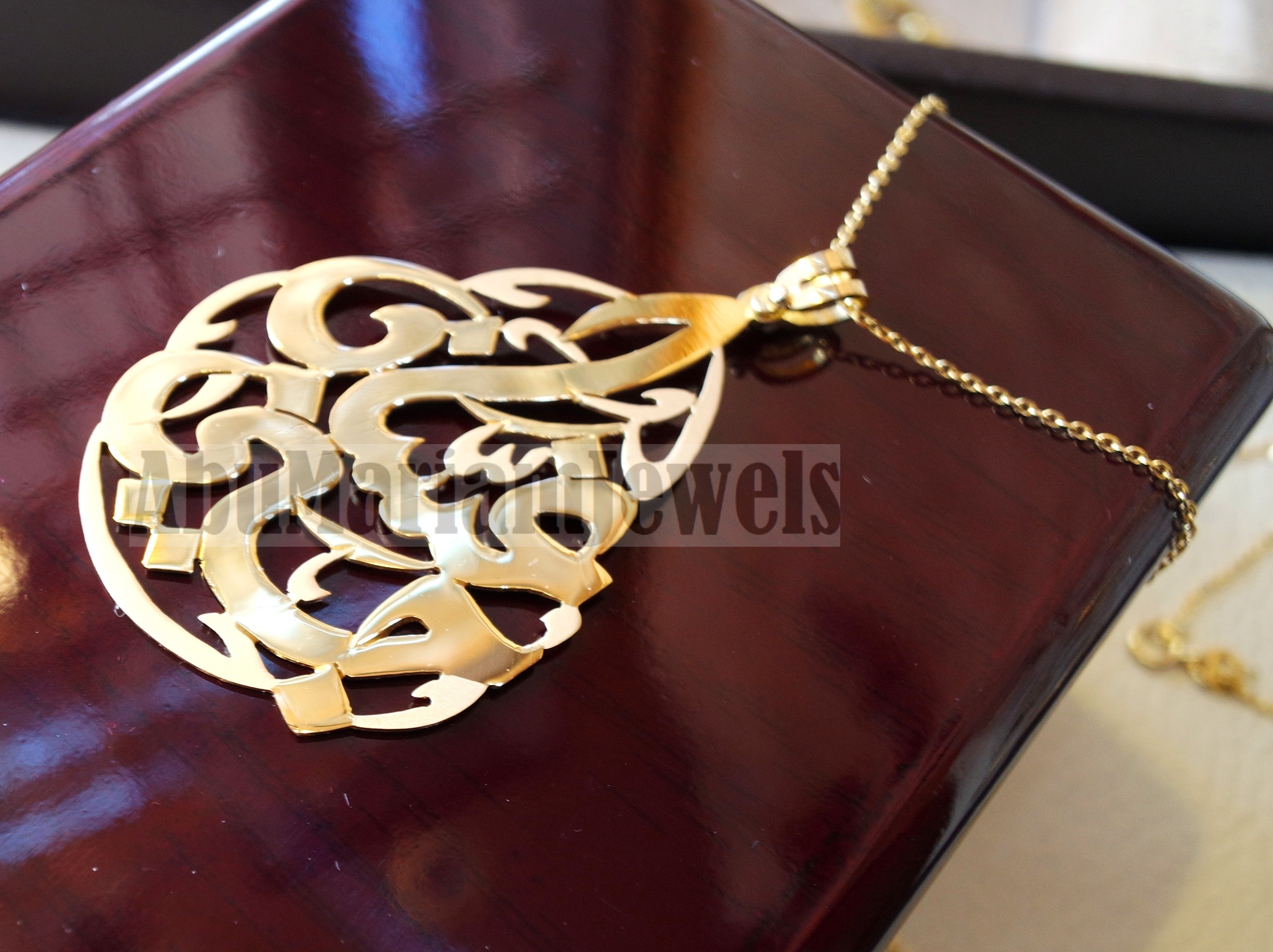 personalized customized 2 names 18 k gold arabic calligraphy Pendant with chain pear , round rectangular or any shape fine jewelry N1010