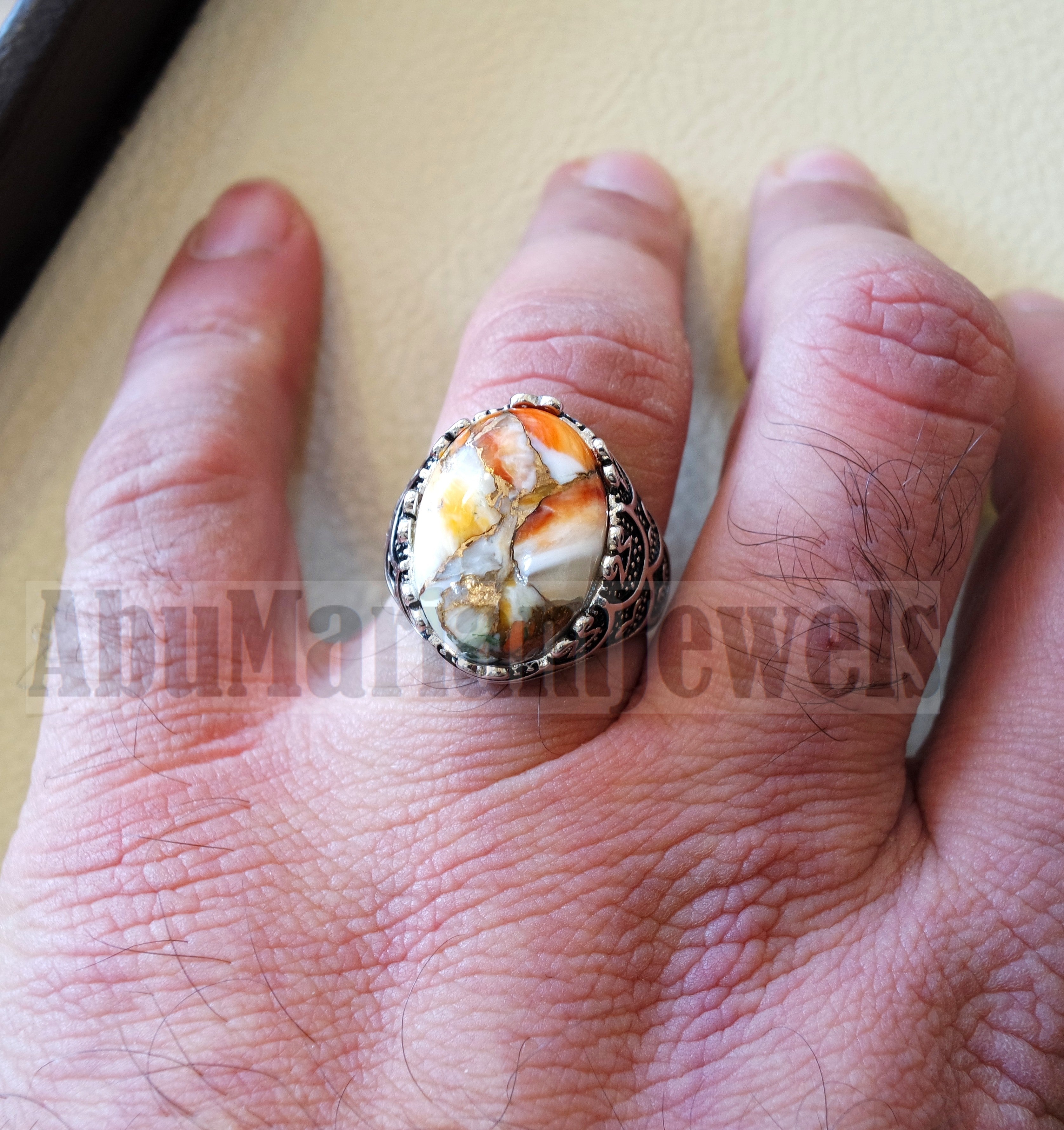 man ring copper oyster natural stone sterling silver 925 oval cabochon semi precious gem ottoman arabic style all sizes jewelry