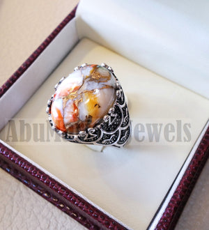 man ring copper oyster natural stone sterling silver 925 oval cabochon semi precious gem ottoman arabic style all sizes jewelry